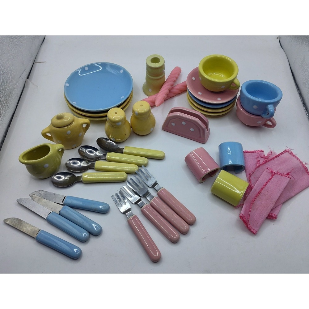 Vintage Ceramic Play Tea Set Pastel Polka Dot Cups Plates Cutlery Replacements